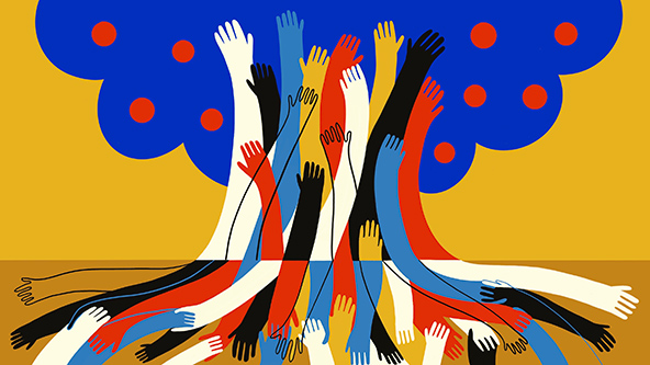 abstract illustration showing a number of hands coming together to form a tree-wellbeing