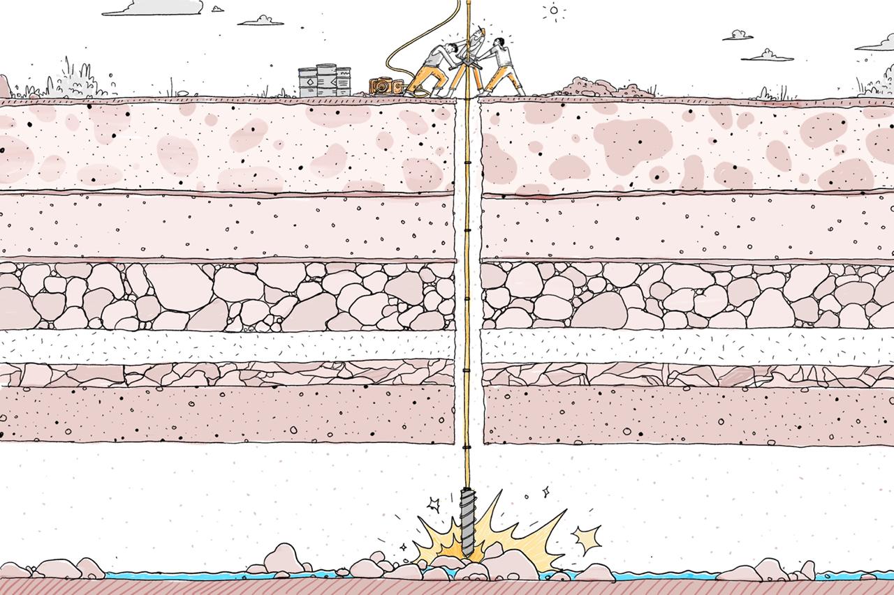 Illustration of workers drilling through different layers of earth to extract scarce groundwater
