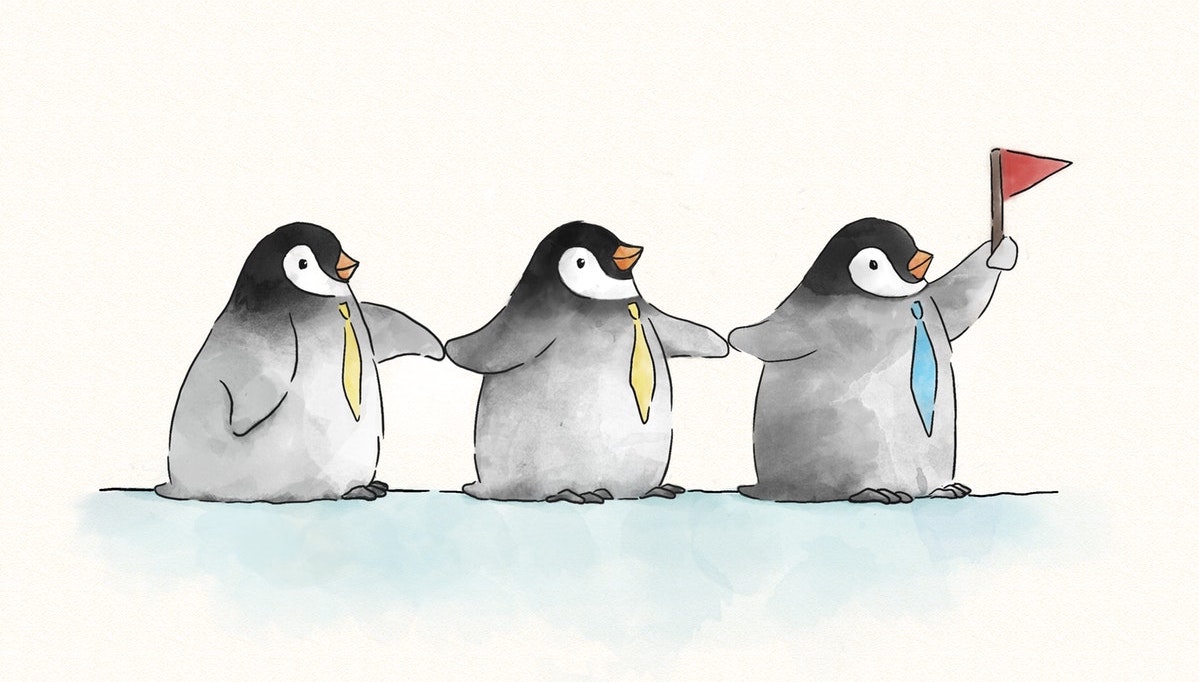 three penguins in ties