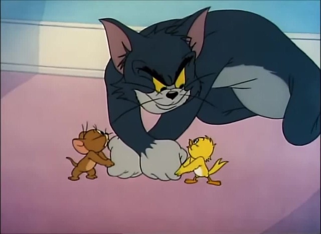 Tom and jerry shaking hands, Tom looks evil