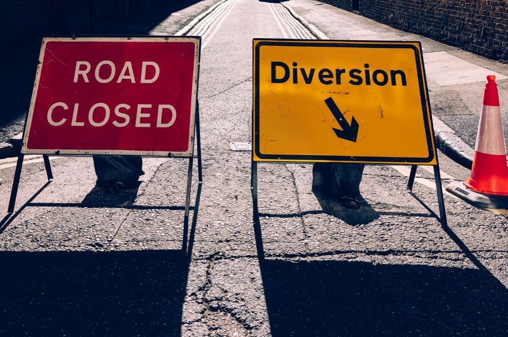 A road closed with a diversion sign