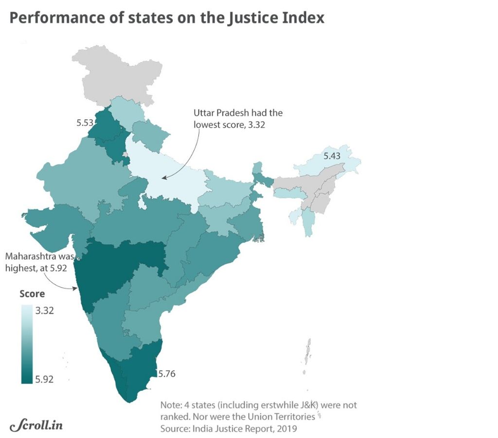 map-Performance of states on the justice index-justice