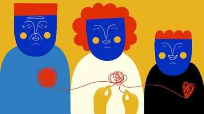 Illustration showing three people with their hearts tied with a thread_Helena Pallarés_social change