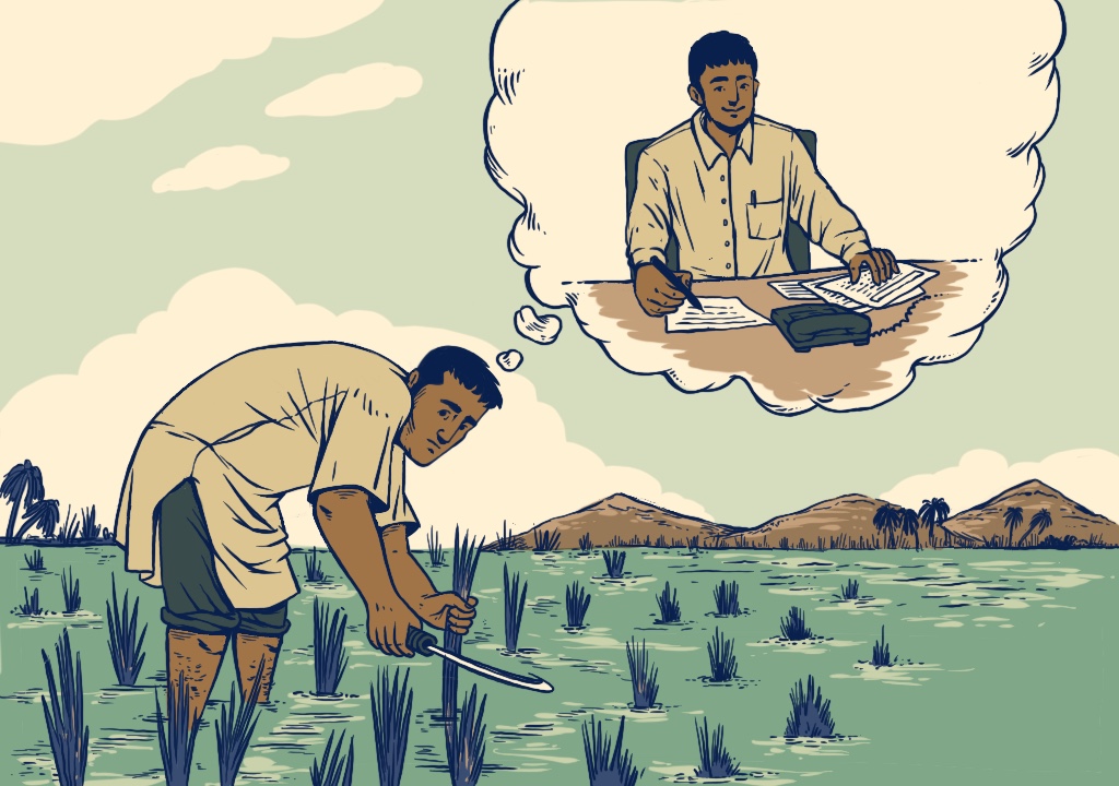Illustration showing youth in rural India aspire for jobs in the formal sector_Shirish Ghatge
