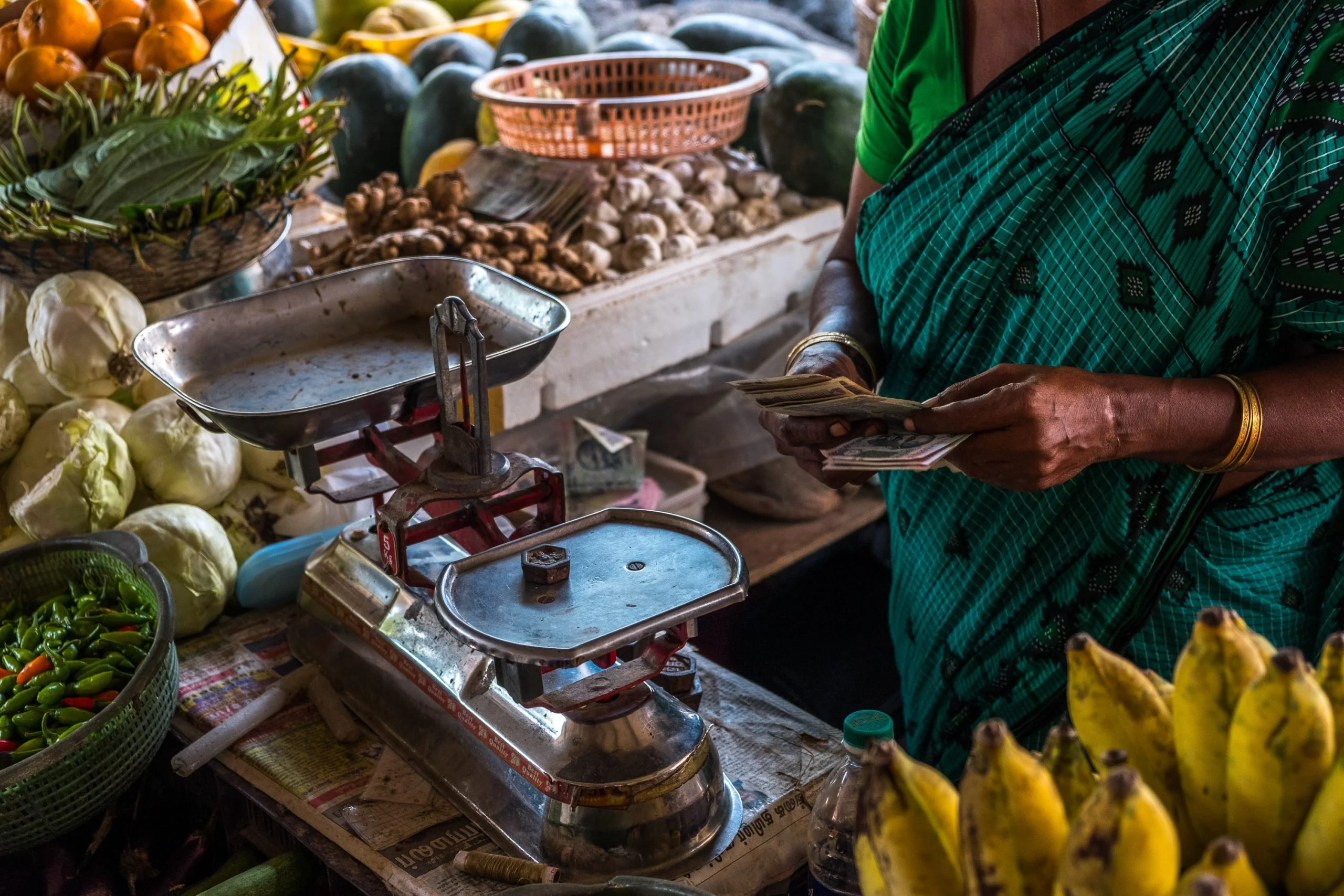 Woman vegetable vendor giving money-microenterprises