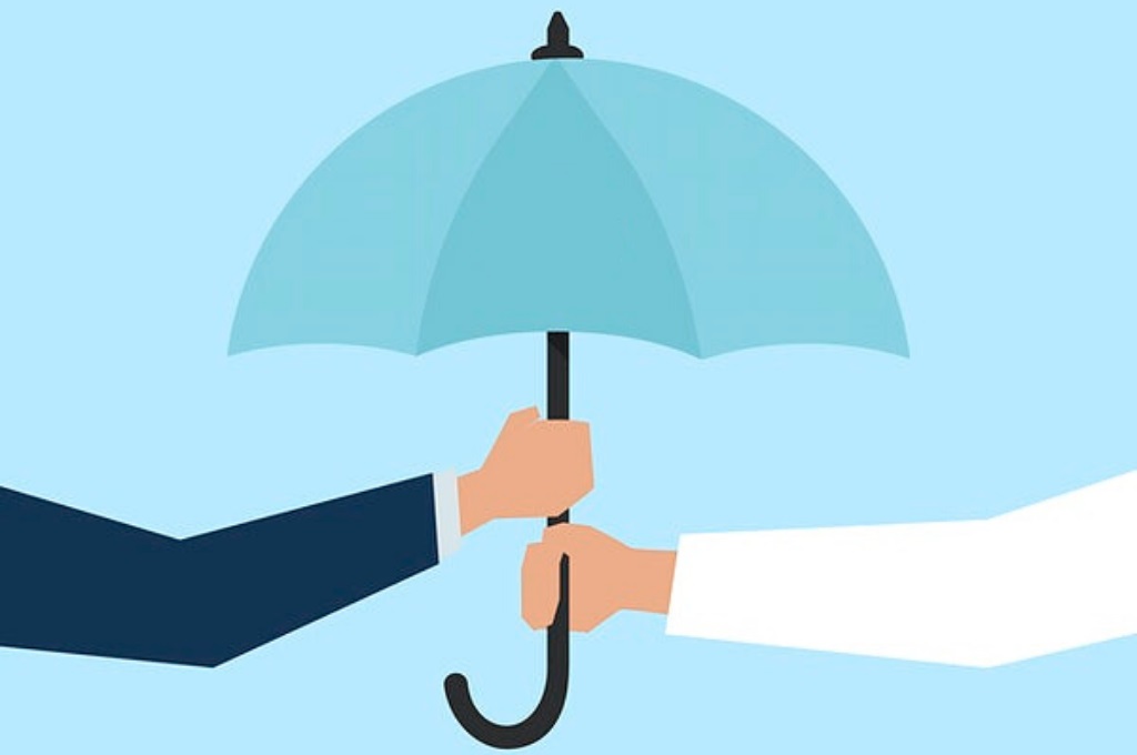 A graphic of a person offering an umbrella to someone else