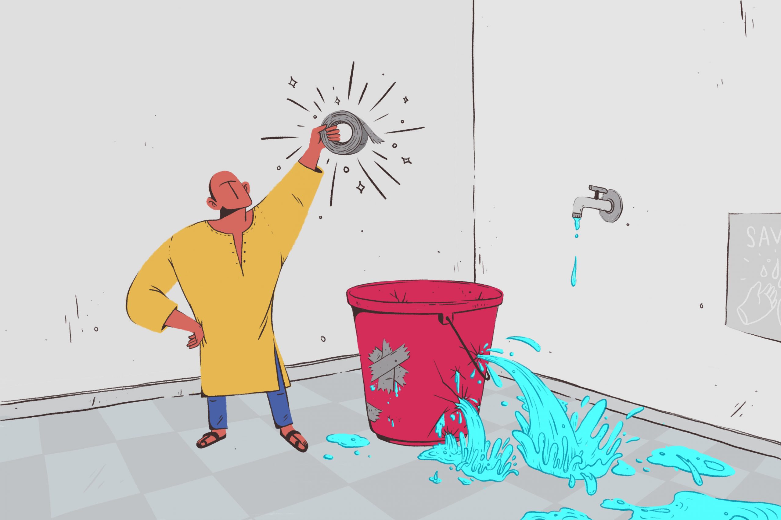 Illustration_Man trying to fix a broken bucket_Priya Dali
