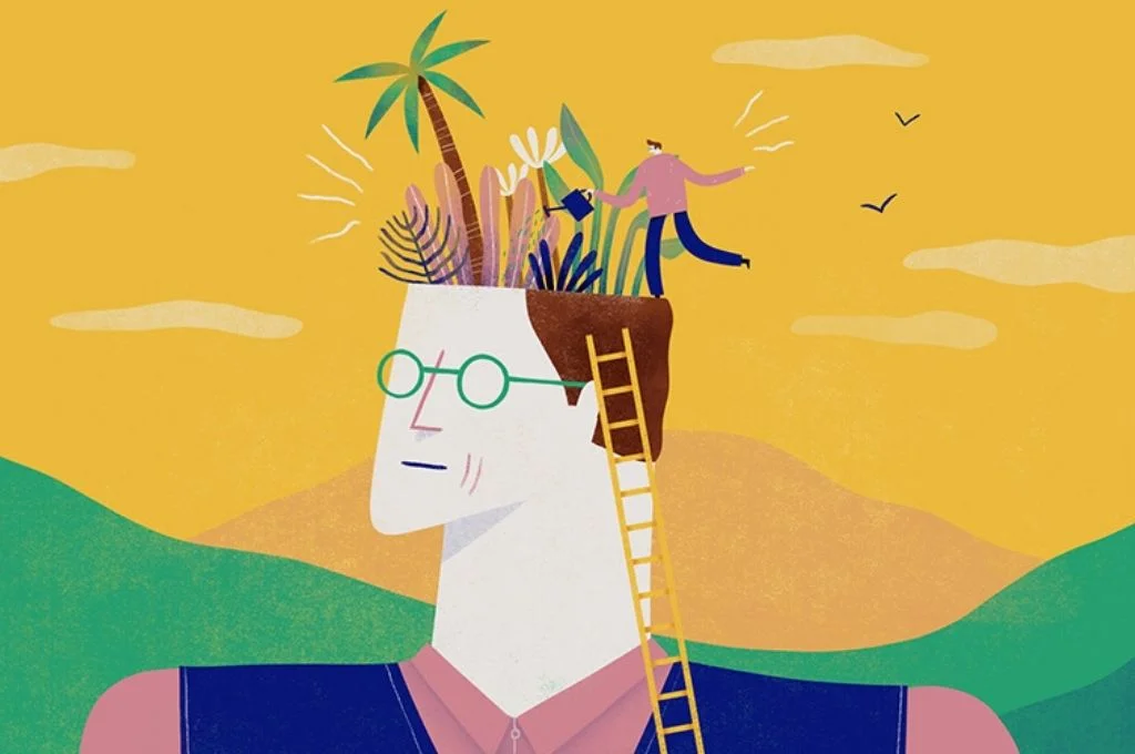Abstract illustration of a man nurturing plants growing out of his head