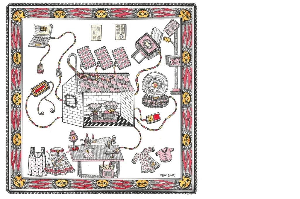 Madhubani art scene depicting various gadgets being powered by the rice mill-self-help group