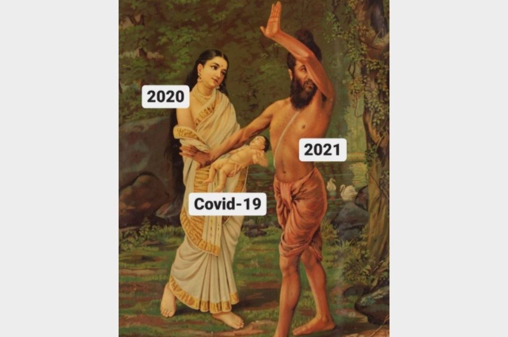 A painting of a woman presenting a baby to a man who is turned away. Woman representing 2020, baby-Covid-19, and the man-2021-lockdown