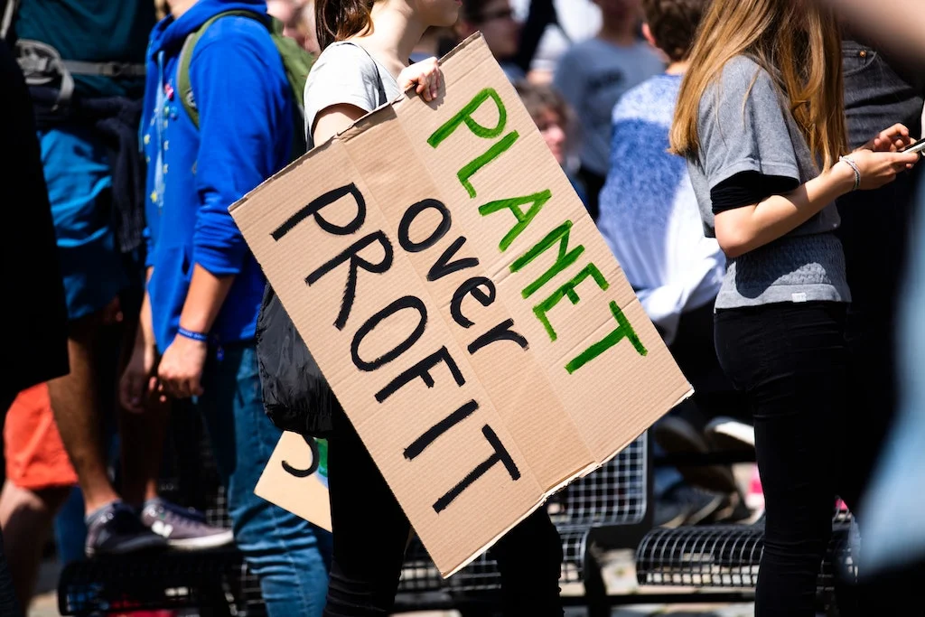 A person holding a brown placard saying planet over profit-climate change