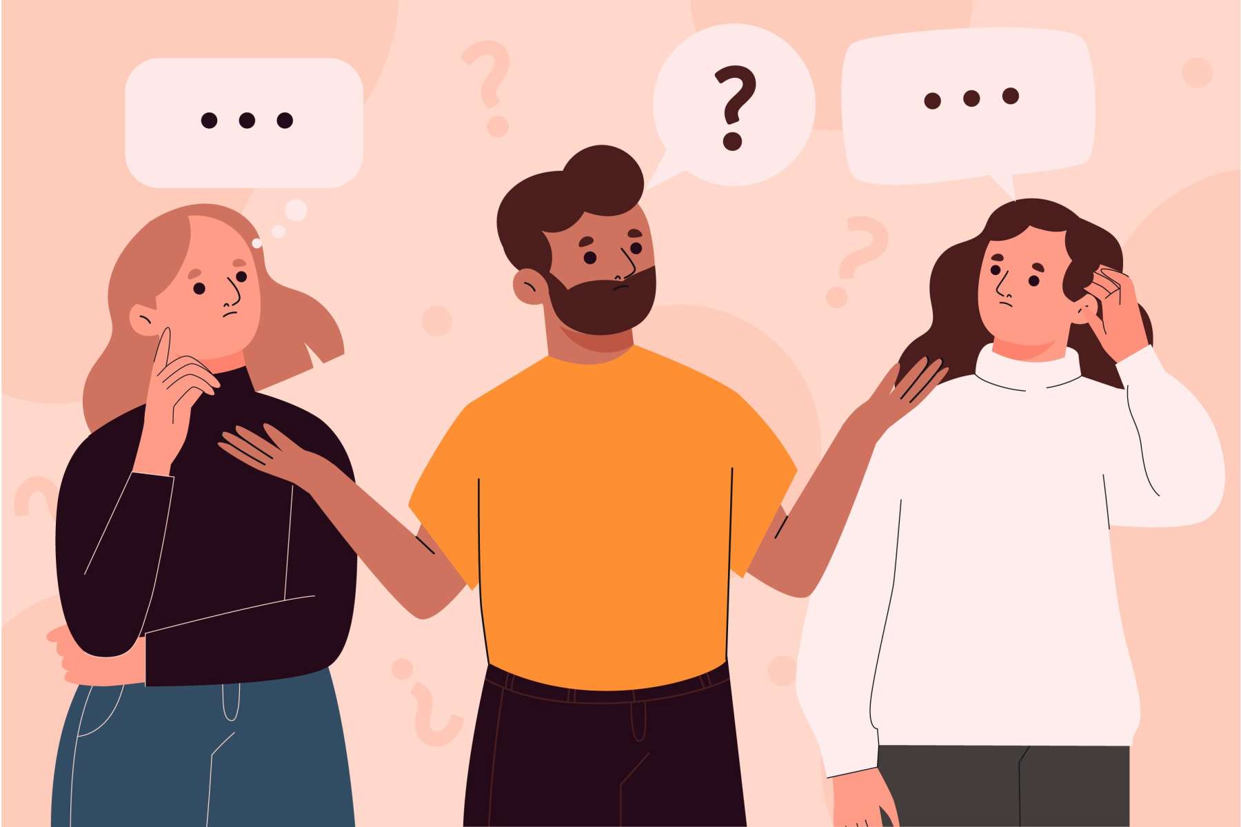 Illustration of confused people with question marks and ellipses-job advice