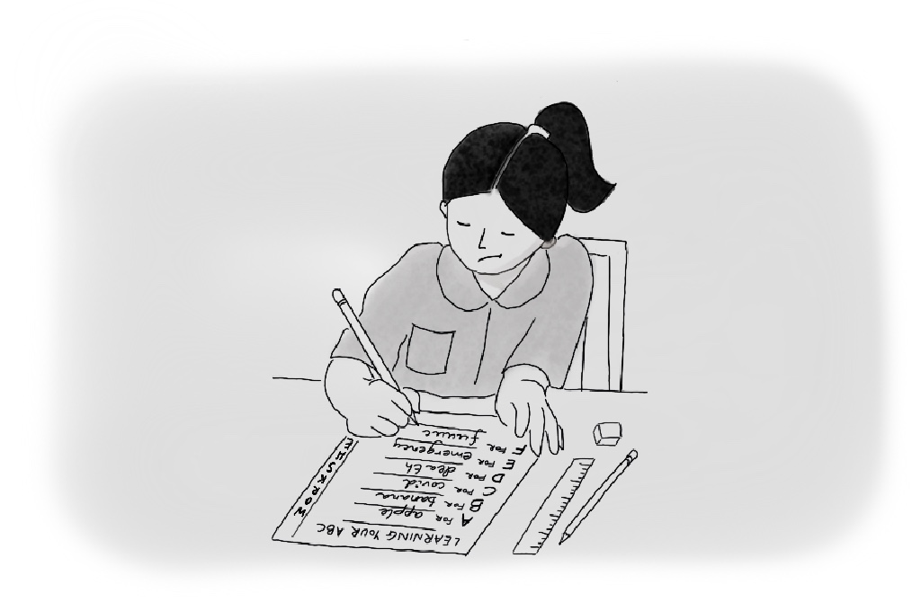 A cartoon of a student writing the alphabets-nonprofit life_cartoon courtesy-Rachita Vora