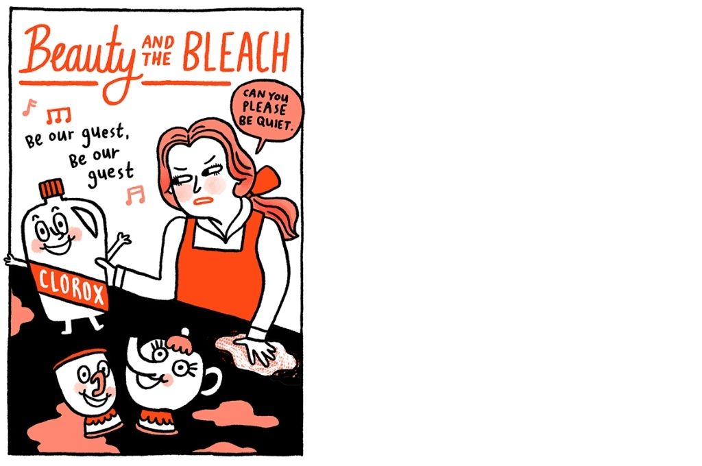 A poster titled beauty and the bleach. A lady with a cloth in her right hand, cleaning a black table, says to a bottle labelled chlorox, "Can you please stay quiet". On the black table, there are red spills as well as a smiling cup and a kettle-feel-good comics