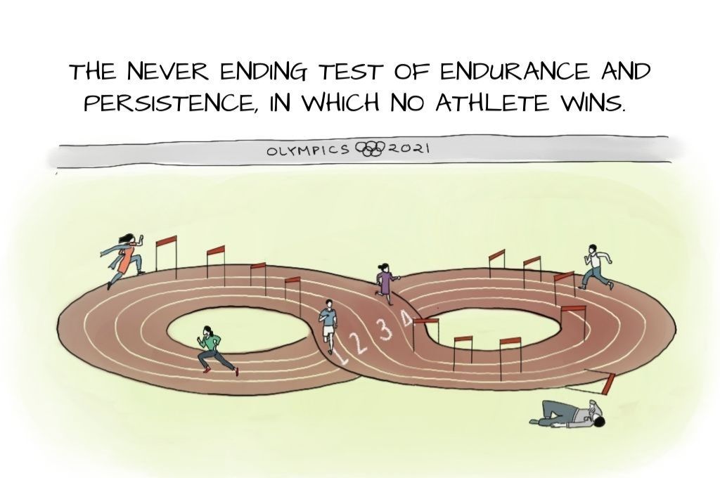 An Olympic 2021 hurdle event in which the running track is an infinite loop in which people are running. The hurdles, from left to right are running out of money, unending feeling of doom, begging funders for overheards, sense of purpose vs crippling self-doublt, quantifying impact every quarter, running out of money, structural inequality, keeping up with compliance, and donor reporting 24/7. The hurdle on the far right, labelled CSR committees, seems to have fallen down. On the far right, one exhausted man lies outside the ring on the floor-nonprofit life