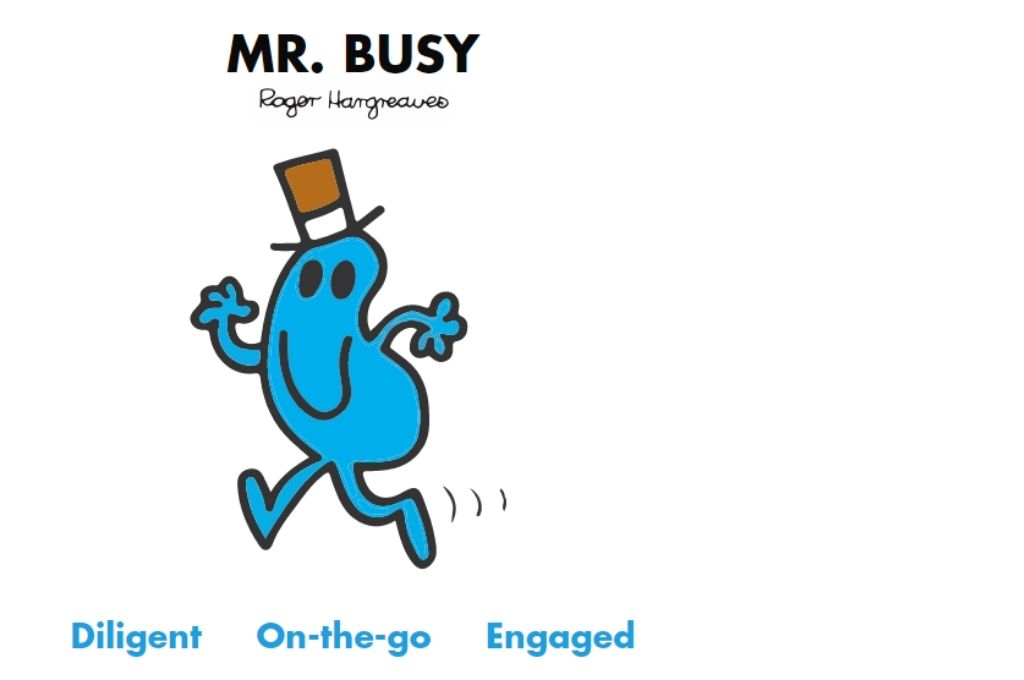 a blue color cartoon wearing a brown hat who is in mid run. Diligent, on-the-go, engaged-Mr Men and Little Miss