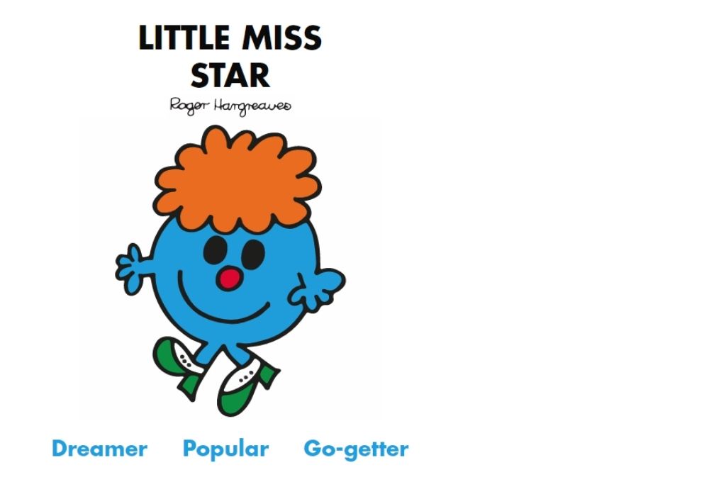 a blue cartoon, with orange hair, wearing green shoes, with a smile on their face. Dreamer, popular, go-getter-Mr Men and Little Miss