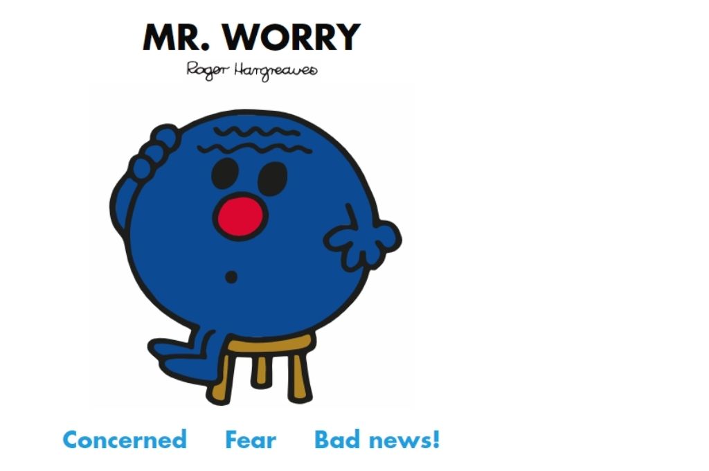 a dark blue cartoon sitting on a stool scratching their head in a look of worry. Concerned, dear, bad news!-Mr Men and Little Miss