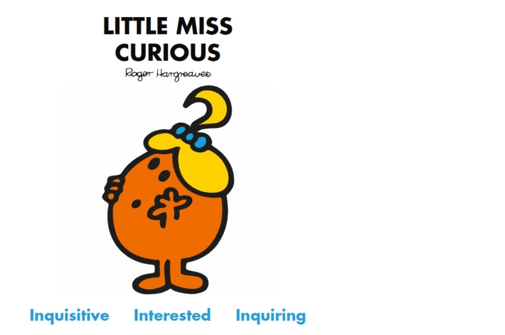 an orange cartoon wearing a ponytail with a looking up in curiosity. Inquisitive, interested, inquiring-Mr Men and Little Miss