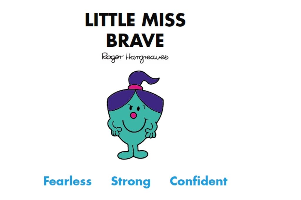 a blue-green colour cartoon wearing a ponytail and smile and look of determination. Fearless, strong, confident-Mr Men and Little Miss