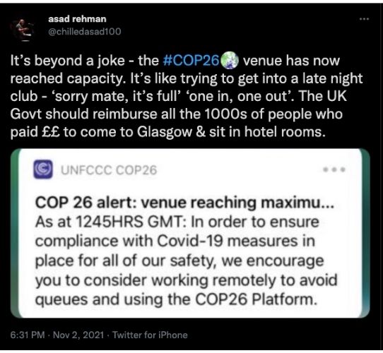 Screenshots of tweets by Asad Rehman about the exclusion at COP 26