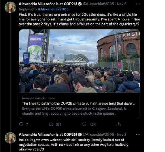 Screenshots of tweets by Alexandria Villaseñor about the exclusion at COP 26