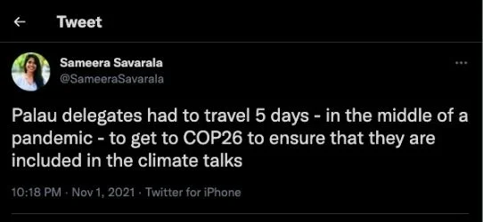 Screenshots of tweets by Sameera Savarala about the exclusion at COP 26