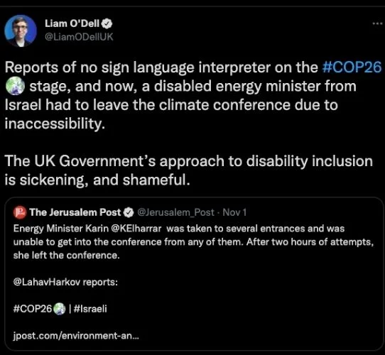 Screenshots of tweets by Liam O'Dell about the exclusion at COP 26