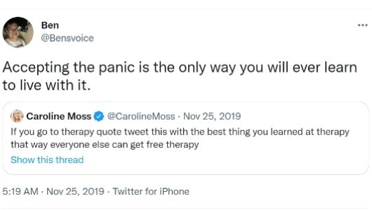 A screenshot of a tweet that reads 'Accepting the panic is the only way you will learn to live with it'-nonprofit humour