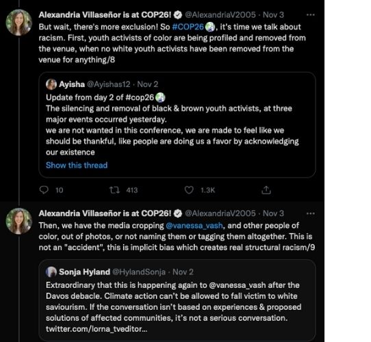 Screenshots of tweets by Alexandria Villaseñor about the exclusion at COP 26