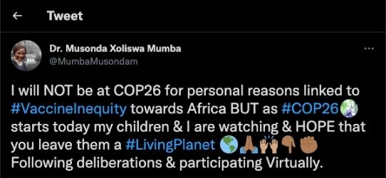 Screenshots of tweets by Dr Musonda Xoliswa Mumba about the exclusion at COP 26