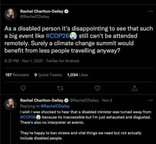 Screenshots of tweets by Rachel Charlton-Dailey about the exclusion at COP 26