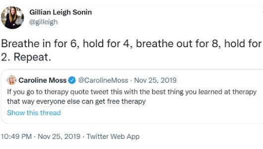 A screenshot of a tweet that reads 'breath in for 6, hold for 4, out for 2. Repeat'-nonprofit humour
