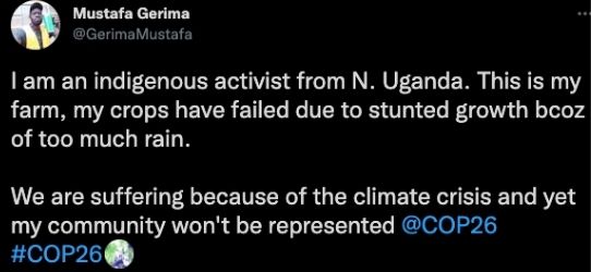 Screenshots of tweets by Mustafa Gerima about the exclusion at COP 26
