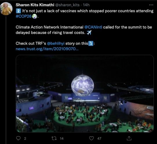 Screenshots of tweets by Sharon Kits Kimathi about the exclusion at COP 26