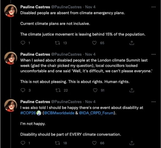Screenshots of tweets by Pauline Castres about the exclusion at COP 26