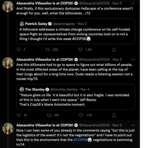 Screenshots of tweets by Alexandria Villaseñor about the exclusion at COP 26