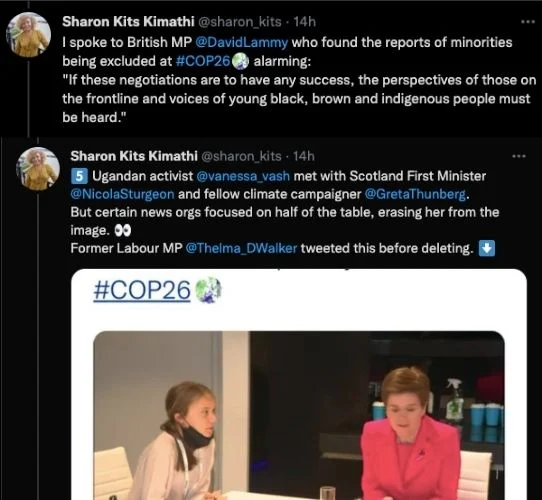 Screenshots of tweets by Sharon Kits Kimathi about the exclusion at COP 26