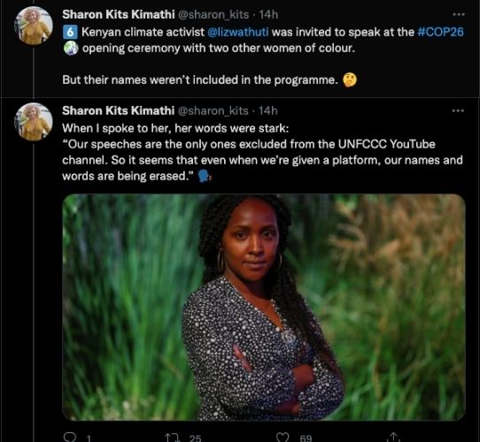 Screenshots of tweets by Sharon Kits Kimathi about the exclusion at COP 26