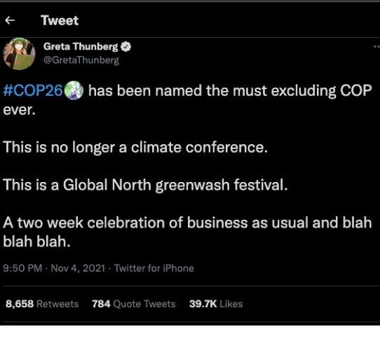 Screenshots of tweets by Greta Thunberg about the exclusion at COP 26