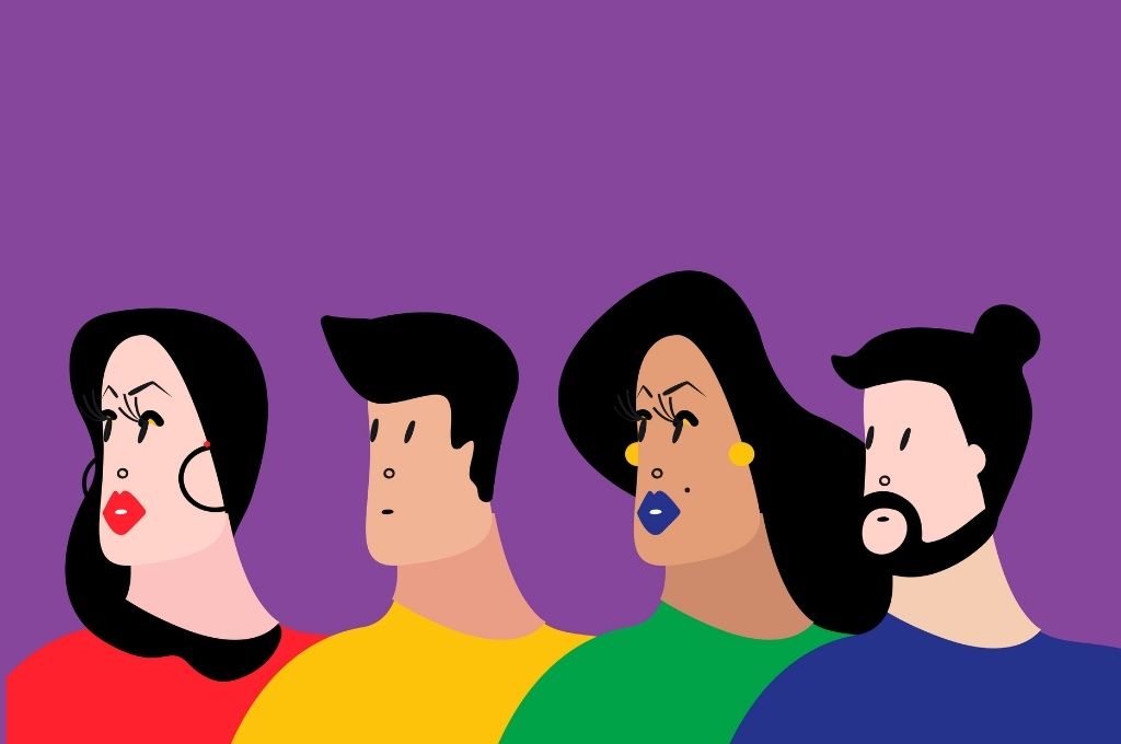 Colourful group of people against a purple background-lgbtq inclusive workplace