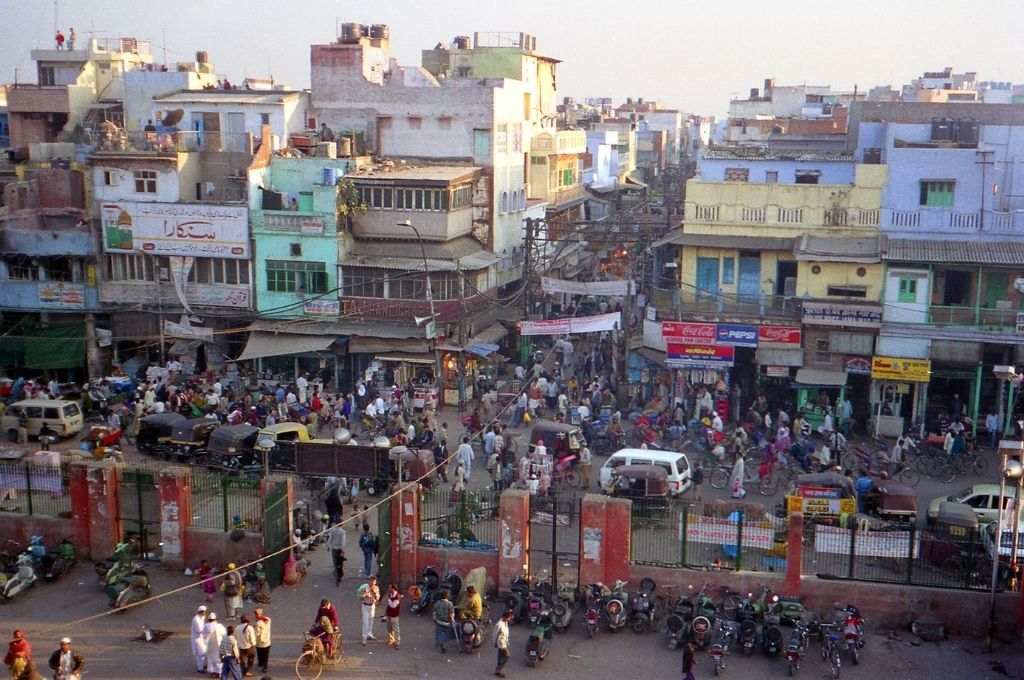 The area outside Jama Masjid with people and buildings, captured from a height in Jama Masjid. Indian cities are plagued by poor planning.