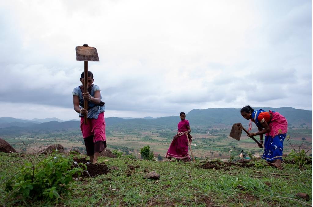 Three women working on a field in Odisha-NREGA-climate resilience