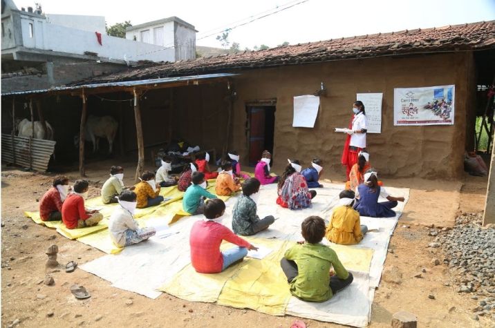 Children sitting outdoors in makeshift classrooms during COVID-19_Educate Girls-COVID-19 school education