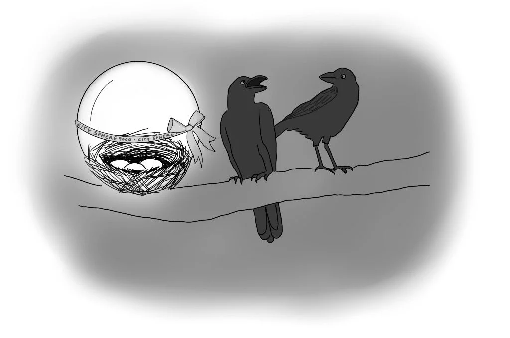 a cartoon of two crows sitting on a black line, the left crow talking to the right. To their left, there is an image of a while ball and nest full of eggs.-nonprofit humour