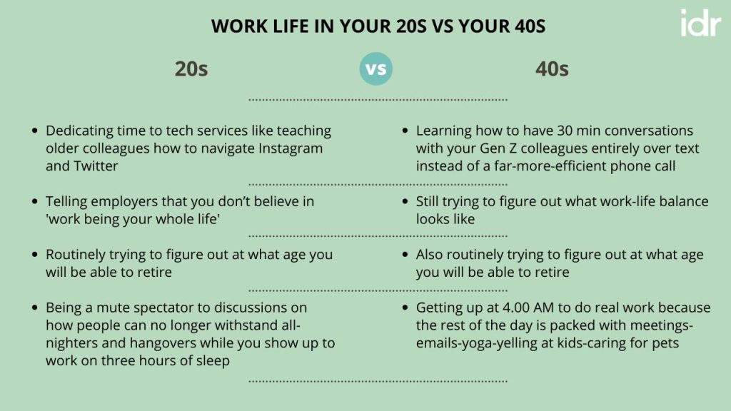Work life in your 20s vs your 40s-nonprofit humour