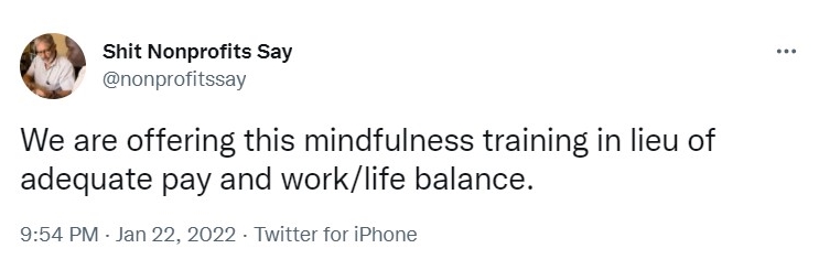 Tweet from Shit Nonprofits Say which reads 'we are offering this midfulness training in lieu of adequate pay and work/life balance.'- nonprofit humour