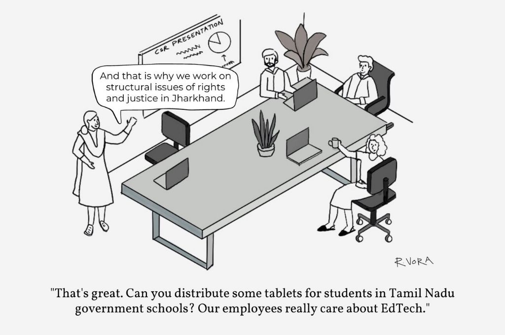 Caricature of a woman making a CSR presentation as people sit with their laptops open_ nonprofit humour