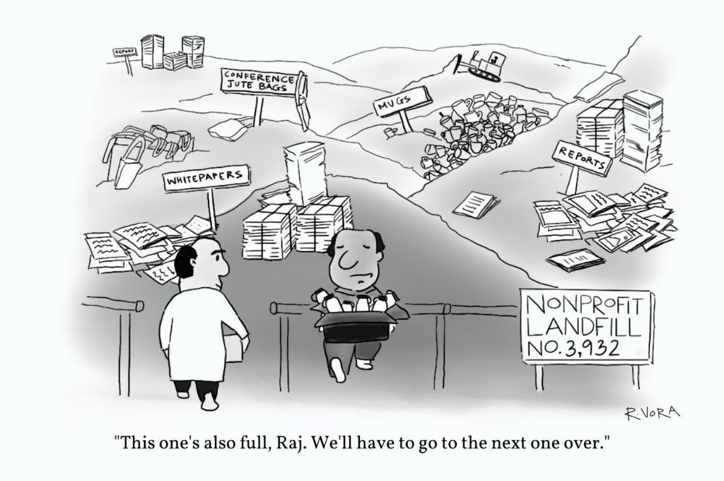 Two cartoon characters of men at a landfill, one of them carrying waste in his hands. The dialogue below says, "This one's also full, Raj.  We will have to go to the next one over." Nonprofit life 