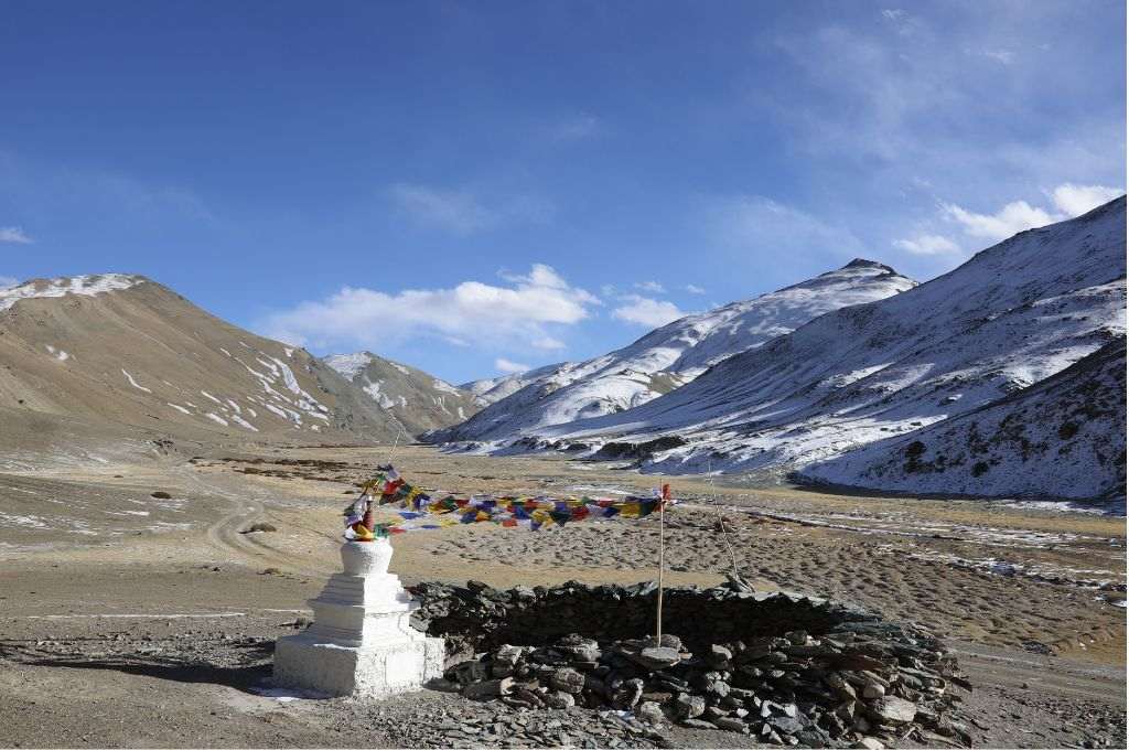 The neutralised shangdong and stupa at Tsaba valley against Leh's mountains and blue skies_Rigzen Dorjay-wildlife conservation